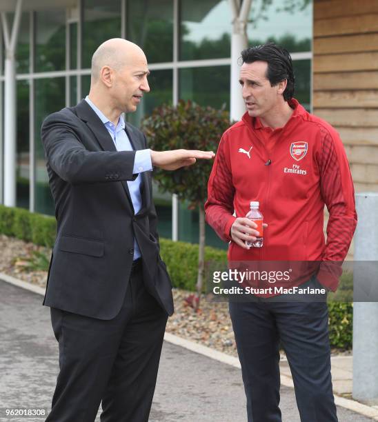 Head Coach Unai Emery with CEO Ivan Gazidis. Arsenal Training Ground at London Colney on May 24, 2018 in St Albans, England.