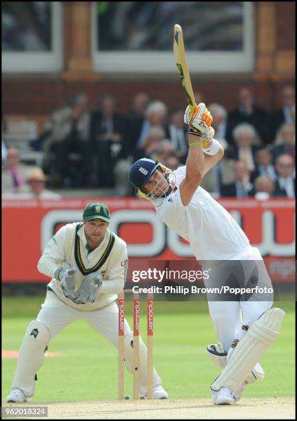 England batsman Kevin Pietersen hits a six during his innings of 152 runs in the 1st Test match between England and South Africa at Lord's Cricket...