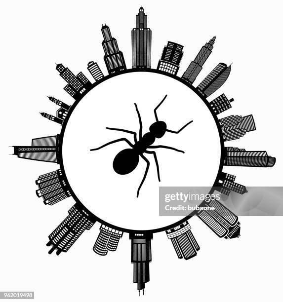 ants on modern cityscape skyline background - ant stock illustrations