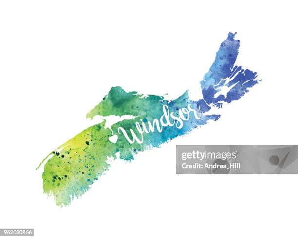 windsor, neuschottland, usa aquarell vektorkarte - raster illustration - raster stock-grafiken, -clipart, -cartoons und -symbole