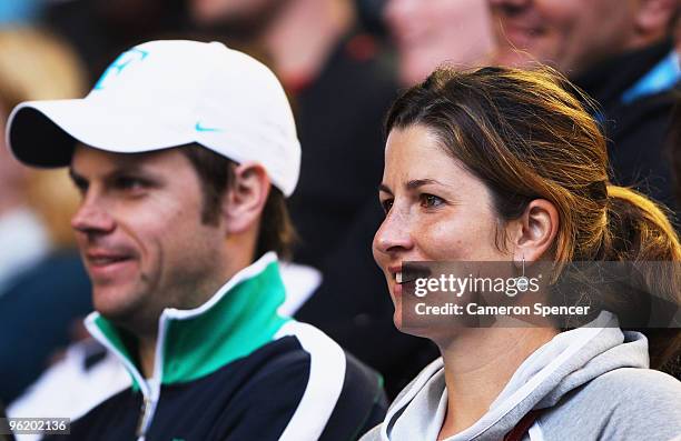 Mirka Federer watches her husband Roger Federer of Switzerland in his quarterfinal match against Nikolay Davydenko of Russia during day ten of the...