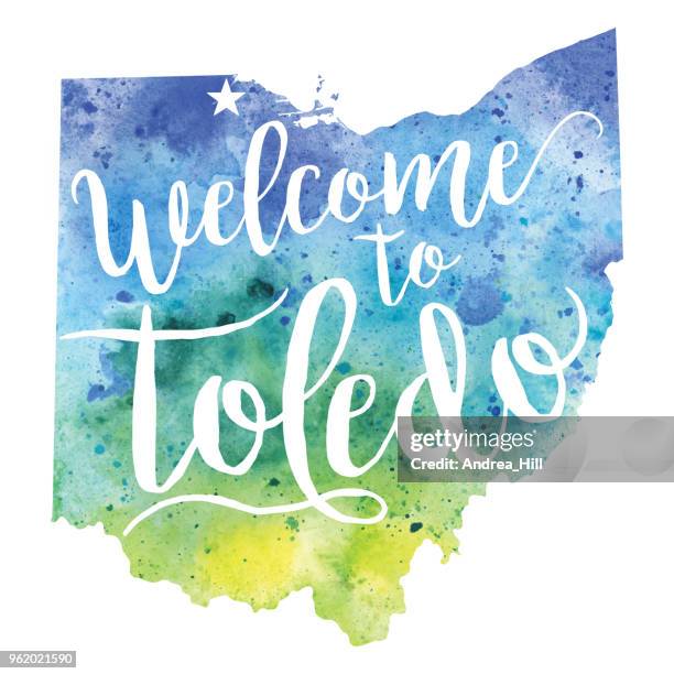 welcome to toledo (ohio) watercolor map - raster illustration - lake erie toledo stock illustrations