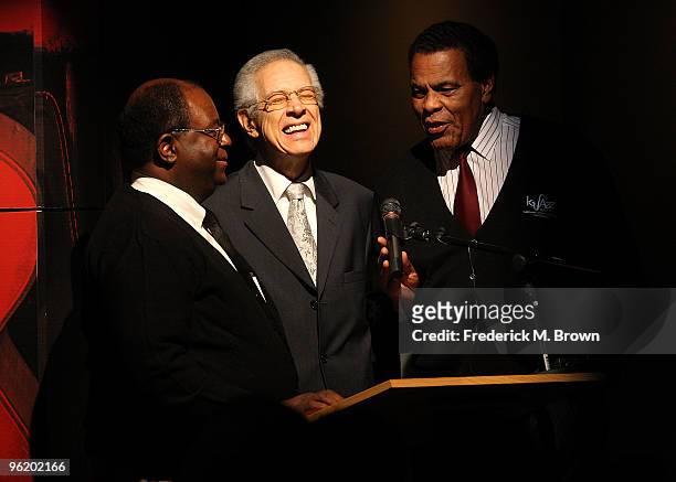 Co-host Bubba Jackson, recording artist Kenny Burrell and co-host Tommy Hawkins speak during the GRAMMY's Salute to Jazz at the GRAMMY Museum on...