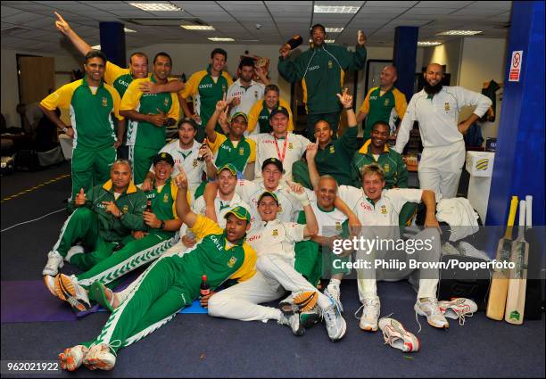 The South African cricket team celebrate their series win over England in the dressing room after victory in the the 3rd Test match at Edgbaston,...