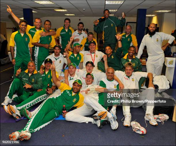 The South African cricket team celebrate their series win over England in the dressing room after victory in the the 3rd Test match at Edgbaston,...