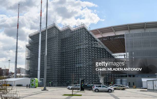 View of the metal structure of the tribune of Ekaterinburg Arena in Yekaterinburg on May 24, 2018. - The 35,000-seater stadium will host four group...
