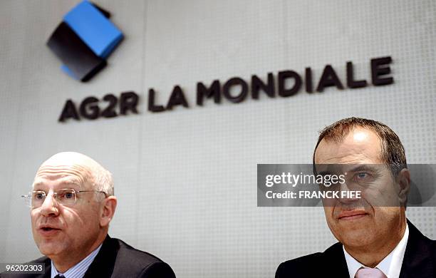 French group AG2R-La Mondiale CEO Andre Renaudin and cyclist team AG2R-La Mondiale general manager Vincent Lavenu, attend the team's official...