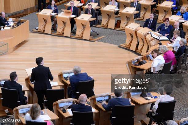Scottish Conservative leader Ruth Davidson puts a question to Nicola Sturgeon at First Minister's Questions in the Scottish Parliament, on May 24,...