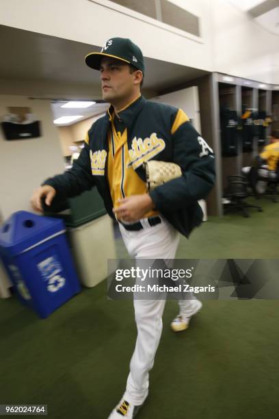 Andrew Triggs of the Oakland Athletics stands in the clubhouse prior to the game against the Baltimore Orioles at the Oakland Alameda Coliseum on May...