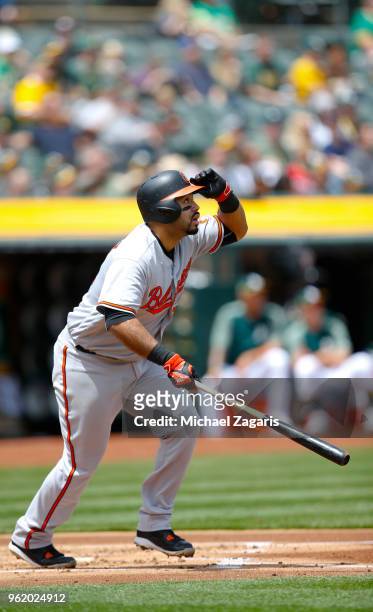 Pedro Alvarez of the Baltimore Orioles hits a home run during the game against the Oakland Athletics at the Oakland Alameda Coliseum on May 6, 2018...