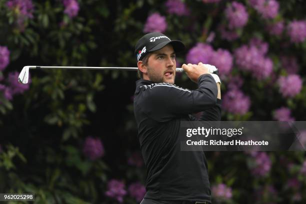 Bradley Neil of Scotland tees off on the 7th hole during the first round of the BMW PGA Championship at Wentworth on May 24, 2018 in Virginia Water,...