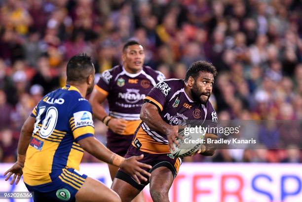 Sam Thaiday of the Broncos passes the ball during the round 12 NRL match between the Brisbane Broncos and the Parramatta Eels at Suncorp Stadium on...