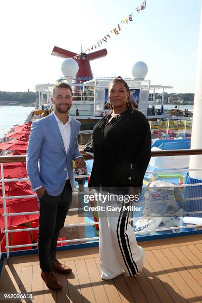 Philadelphia Eagles football player Jake Elliott and Queen Latifah attend the naming celebration for the Carnival cruise ship Horizon at Pier 88 on...