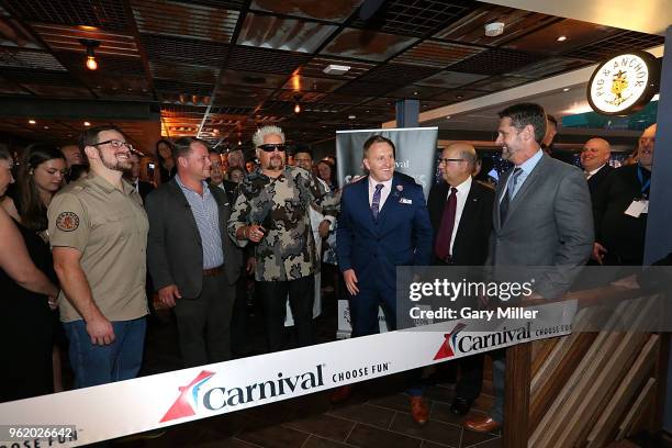 Guy Fieri opens the Pig & Anchor restaraunt as part of the naming celebration for the Carnival cruise ship Horizon at Pier 88 on May 23, 2018 in New...