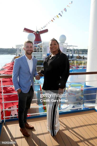 Philadelphia Eagles football player Jake Elliott and Queen Latifah attend the naming celebration for the Carnival cruise ship Horizon at Pier 88 on...