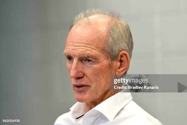 Coach Wayne Bennett of the Broncos talks at a press conference after the round 12 NRL match between the Brisbane Broncos and the Parramatta Eels at...