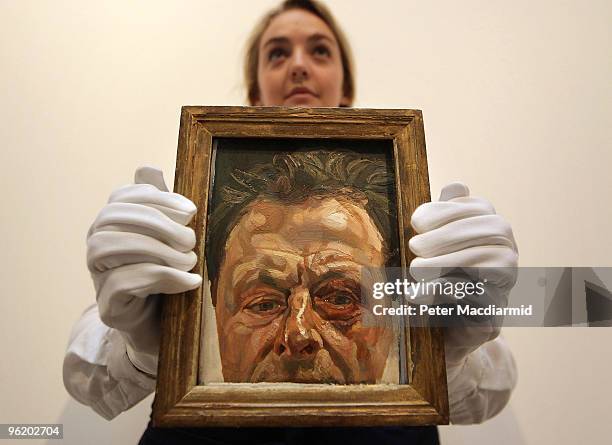 Lucian Freud's 'Self-Portrait with a Black Eye' from 1979 is displayed at Sotheby's on January 27, 2010 in London, England. This rare portrait, never...