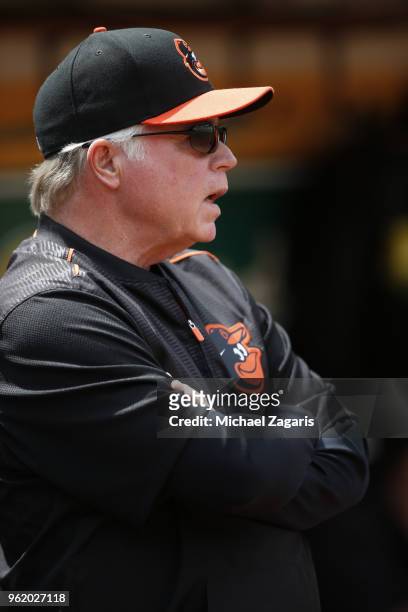 Manager Buck Showalter of the Baltimore Orioles stands in the dugout during the game against the Oakland Athletics at the Oakland Alameda Coliseum on...