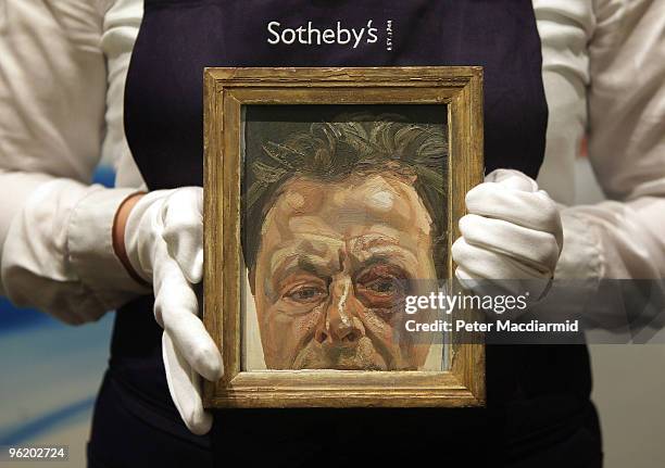 Lucian Freud's 'Self-Portrait with a Black Eye' from 1979 is displayed at Sotheby's on January 27, 2010 in London, England. This rare portrait, never...