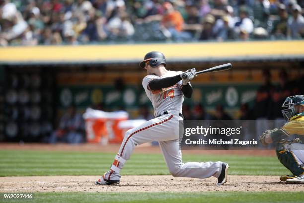 Craig Gentry of the Baltimore Orioles bats during the game against the Oakland Athletics at the Oakland Alameda Coliseum on May 6, 2018 in Oakland,...