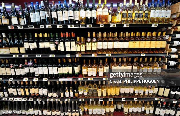 Picture shows the shelves of a supermarket in the northern city of Bailleul on February 15, 2012. France set a record for its wine and spirits...