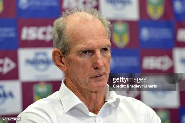 Coach Wayne Bennett of the Broncos talks at a press conference after the round 12 NRL match between the Brisbane Broncos and the Parramatta Eels at...