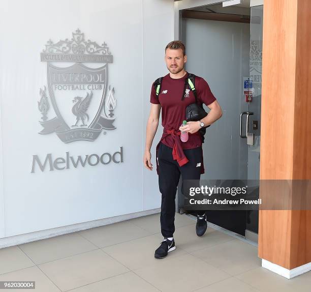 Simon Mignolet of Liverpool on his way to the UEFA Champions League Final in Kiev from Melwood Training Ground on May 24, 2018 in Liverpool, England.