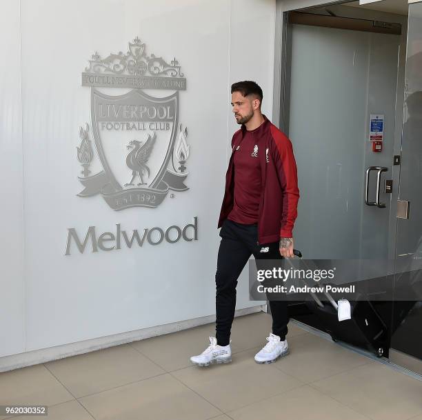 Danny Ings of Liverpool on his way to the UEFA Champions League Final in Kiev from Melwood Training Ground on May 24, 2018 in Liverpool, England.