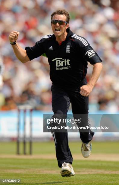 Graeme Swann of England celebrates after dismissing Australia's Michael Clarke during the 3rd NatWest Series One Day International between England...