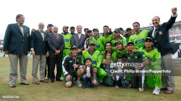 Pakistan players, management and dignitaries celebrate after Pakistan won both Twenty20 Internationals against Australia at Edgbaston, Birmingham,...