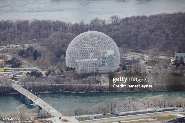 aerial view of montreal and the montreal biodome - montreal biodome stock pictures, royalty-free photos & images