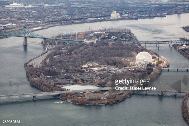 aerial view of montreal and the montreal biodome - montreal biodome stock pictures, royalty-free photos & images