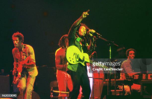 Bob Marley, Reggae singer-songwriter, performing with his band The Wailers at Masonic Temple in Detroit on June 4, 1978.