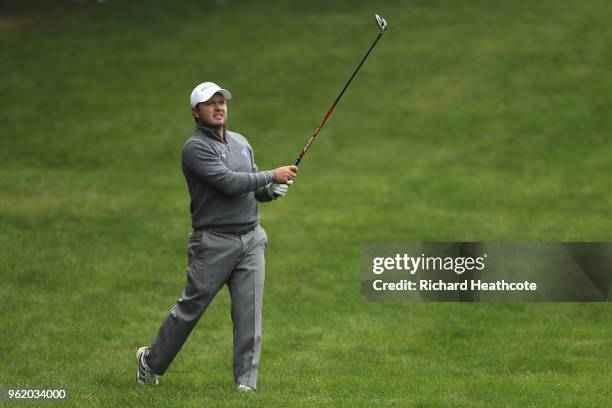 Richard Sterne of South Africa on the fourth hole during the first round of the BMW PGA Championship at Wentworth on May 24, 2018 in Virginia Water,...