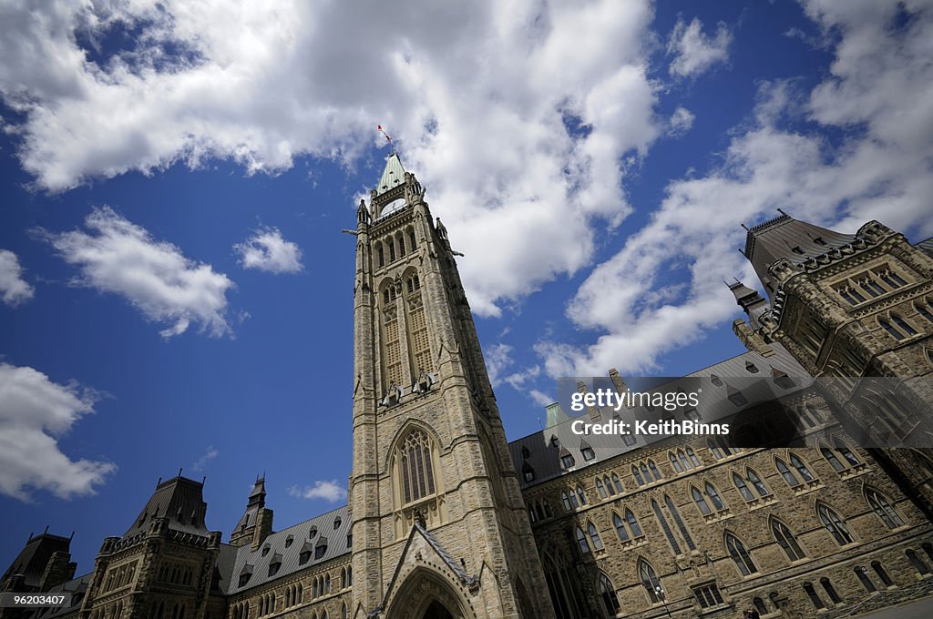 View of Peace Tower looking up to the sky