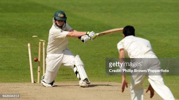 Steve Smith of Australia is bowled for 77 runs by Umar Gul of Pakistan during the 2nd Test match between Australia and Pakistan at Headingley, Leeds,...