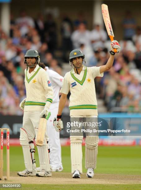 Umar Gul of Pakistan celebrates after reaching his half-century during his innings of 65 not out in the 1st Test match between England and Pakistan...