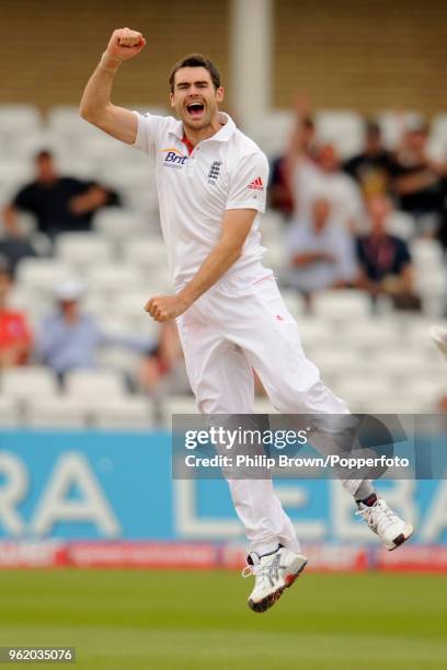 James Anderson of England celebrates after taking the wicket of Pakistan batsman Shoaib Malik during the 1st Test match between England and Pakistan...