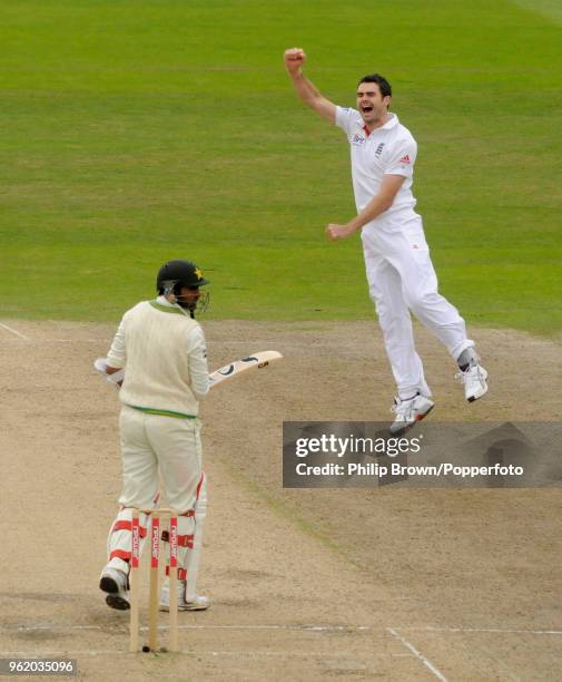 James Anderson of England celebrates after taking the wicket of Pakistan batsman Shoaib Malik during the 1st Test match between England and Pakistan...