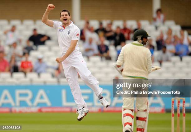 James Anderson of England celebrates after taking the wicket of Pakistan batsman Shoaib Malik during the 1st Test match between England and Pakistan...