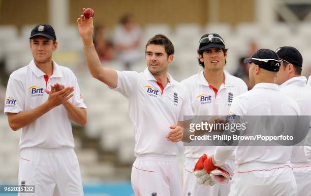 England's James Anderson acknowledges the crowd after taking his fifth wicket of the innings during the 1st Test match between England and Pakistan...