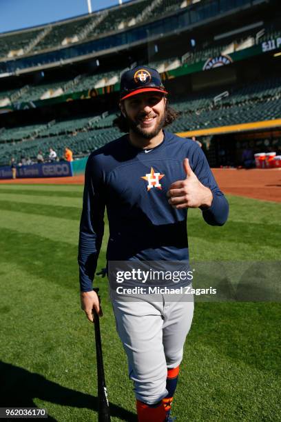 Jake Marisnick of the Houston Astros stands on the field prior to the game against the Oakland Athletics at the Oakland Alameda Coliseum on May 7,...
