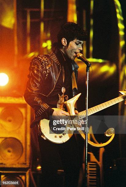 Prince performs on stage wearing 'Slave' tattoo, on 'The Ultimate Live Experience' tour at Wembley Arena on March 4th, 1995 in London, United Kingdom.