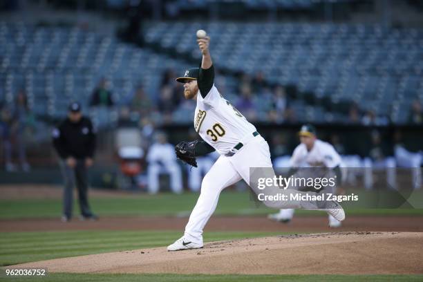 Brett Anderson of the Oakland Athletics pitches during the game against the Houston Astros at the Oakland Alameda Coliseum on May 7, 2018 in Oakland,...