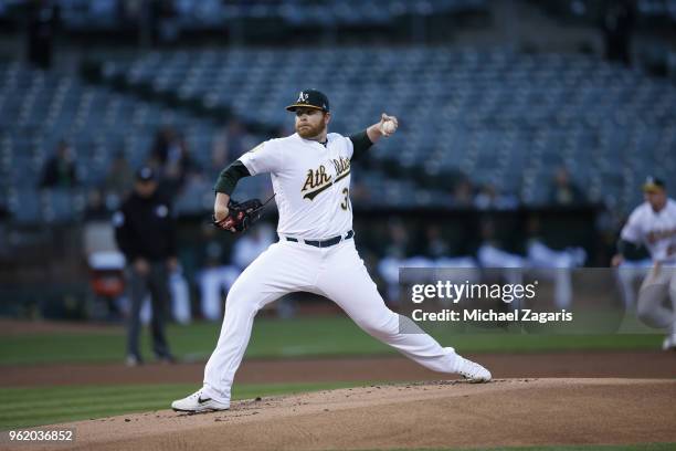 Brett Anderson of the Oakland Athletics pitches during the game against the Houston Astros at the Oakland Alameda Coliseum on May 7, 2018 in Oakland,...