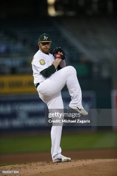 Brett Anderson of the Oakland Athletics pitches during the game against the Houston Astros at the Oakland Alameda Coliseum on May 7, 2018 in Oakland,...