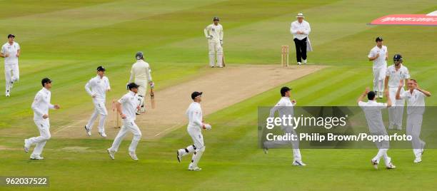 Stuart Broad of England celebrates after dismissing Pakistan batsman Imran Farhat for 0 during the 2nd Test match between England and Pakistan at...