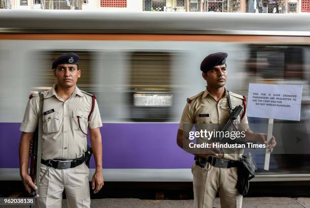 Central railways operating, commercial and protecting force organise mock drills at Currey Road Railway Station on May 23, 2018 in Mumbai, India. The...