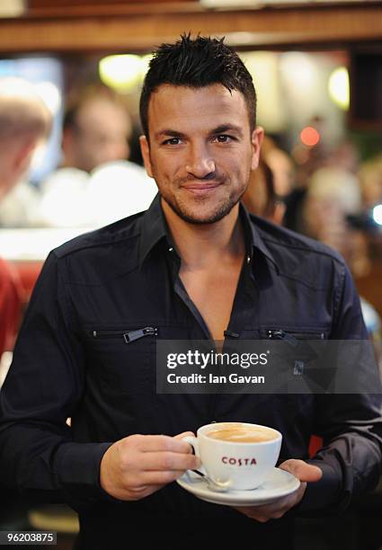 Peter Andre promotes Costa Flat White coffee at a Costa coffee shop in Piccadilly on January 27, 2010 in London, England.