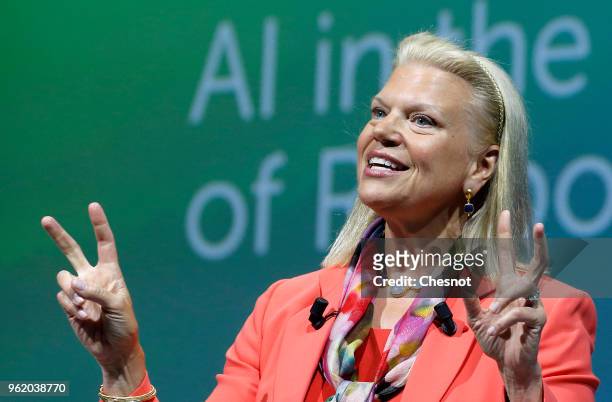 President and CEO Virginia Rometty delivers a speech to participants during the Viva Technologie show at Parc des Expositions Porte de Versailles on...